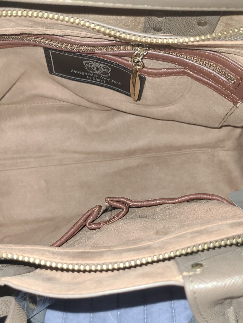 Sharif Taupe and Cream Embroidered Satchel with Gold Accents Callout In Photos - Picture 8 of 15